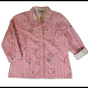 Vtg Teddi Gingham Cottage Granny Pink Floral on Plaid 3/4 Sleeve Blouse Top Sz L